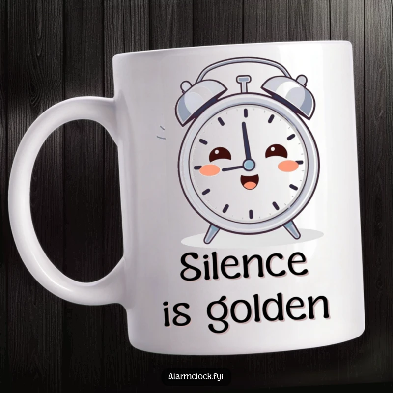 Funny Relief Clock Mug: A character happily sighing while turning off a loud alarm clock, signifying morning victory and humor.