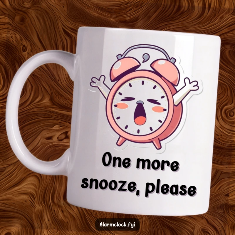 Funny Mug: A sleepy alarm clock character caught mid-yawn, stretching its arms lazily, embodying morning reluctance.
