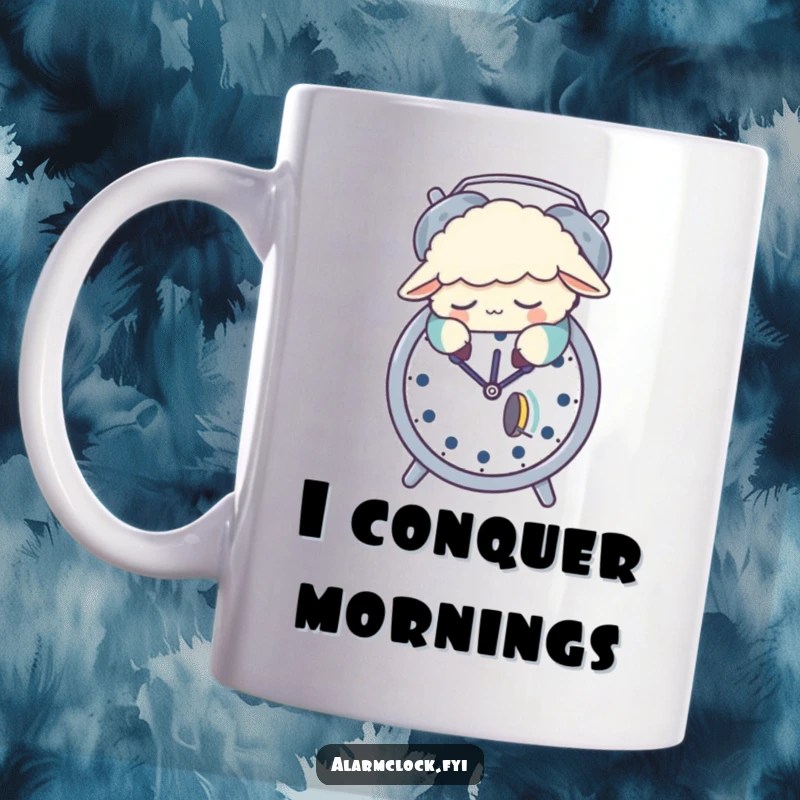 Funny mug showing a sleepy sheep in pajamas snoozing on an alarm clock, a relatable and humorous design for oversleepers.