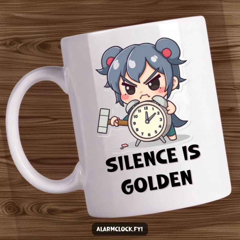 Funny mug with a determined character smashing a tiny alarm clock with a hammer, symbolizing morning defiance.