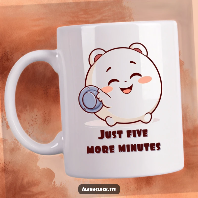 Funny mug with a smiling character joyfully pressing a snooze button, embodying the relatable morning struggle with a playful, happy expression.
