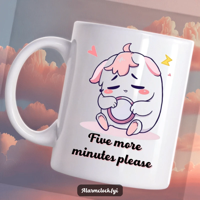 Funny mug featuring a sleepy character groggily and repeatedly hitting a snooze button, embodying morning reluctance.