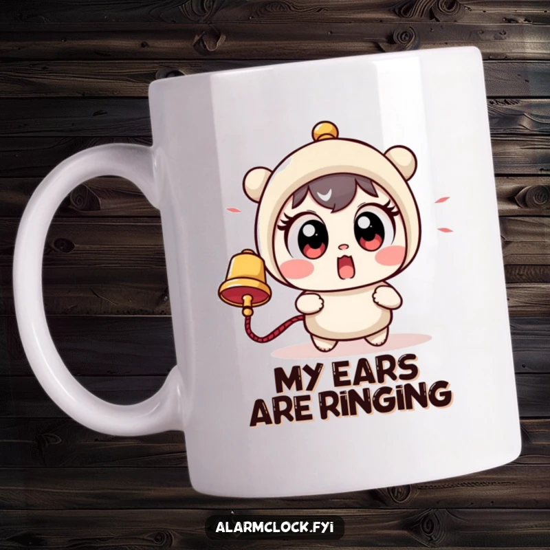 Funny mug showing a cute character with enormous eyes recoiling in shock from a loud, ringing bell, capturing a relatable moment of surprise.