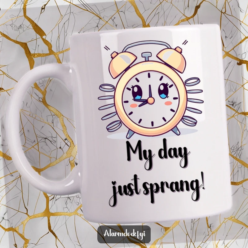 Funny mug showing an alarm clock with springs erupting from its sides, expressing comical surprise and a sense of shock.