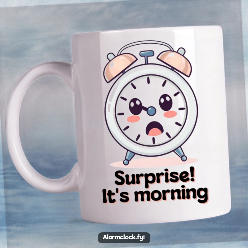 Funny mug featuring an alarm clock character ringing loudly with a comically surprised face, depicting morning shock.