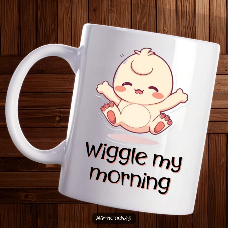 Funny mug depicting a character energetically wiggling its toes, symbolizing freedom and joy. Ideal funny gift.