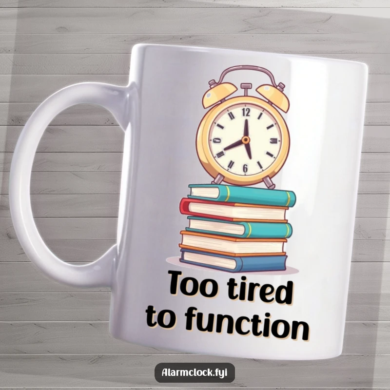 Funny mug showing a weary alarm clock balancing precariously on wobbly books, symbolizing academic effort.