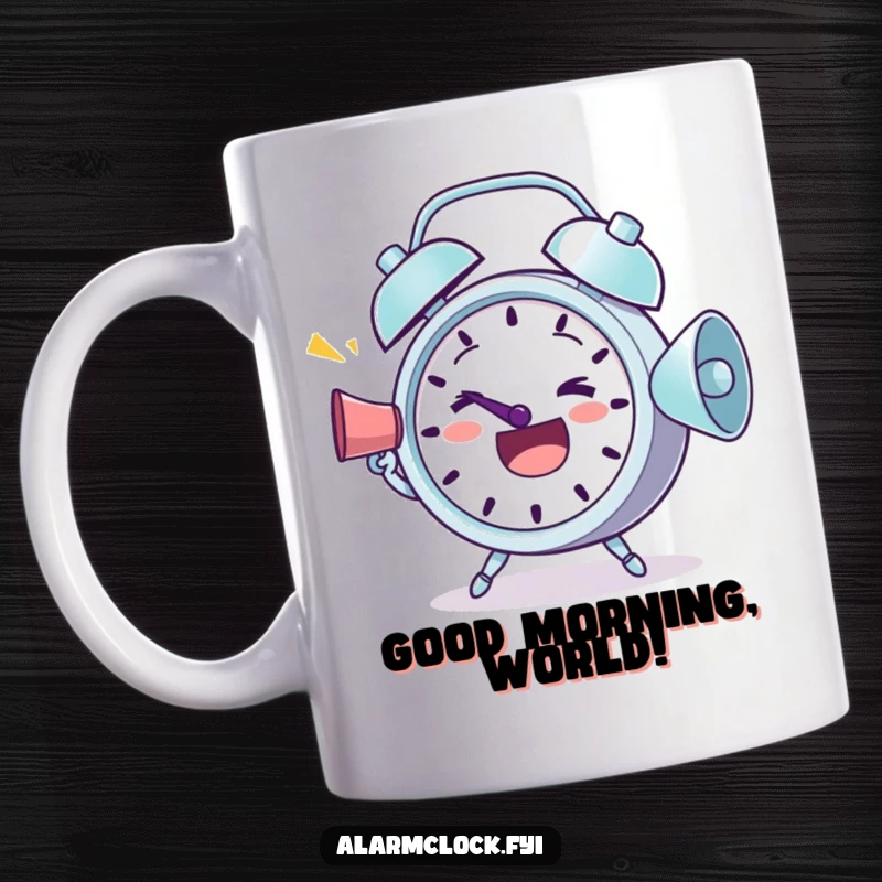 Funny Mug: A determined alarm clock character enthusiastically shouting happy greetings through a megaphone.