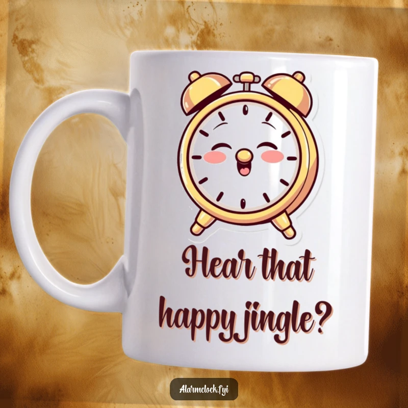 Funny mug featuring a giggling alarm clock character with a mischievous grin, playfully ringing its bell with a hint of playful trouble.