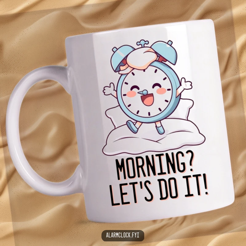 Funny mug with a cheerful character energetically jumping out of bed as an alarm clock rings, celebrating the start of a new day.
