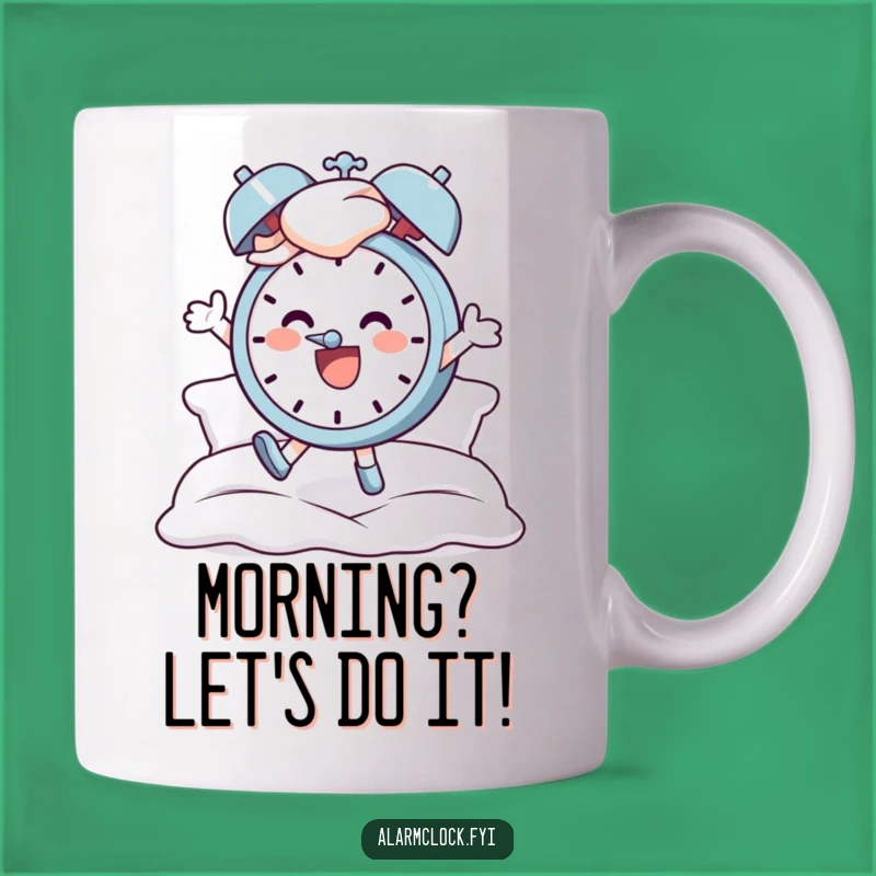 Funny Morning Hero Mug: Cheerful Character Jumps for Joy Over Alarm Clock, Perfect Gift