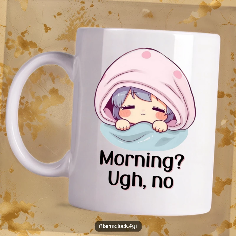 Funny mug showing a character peeking groggily from under a blanket, capturing the essence of reluctant morning awakenings.