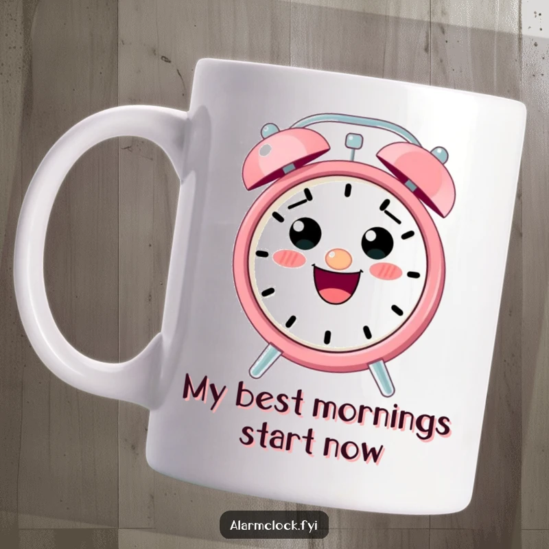 Funny alarm clock mug featuring a cheerful, excited alarm clock character ringing loudly, perfect for a humorous morning.