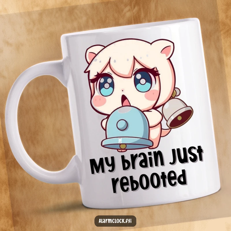 Funny mug featuring a shocked character with enormous, wide eyes, recoiling from a ringing bell, embodying morning surprise and humor.