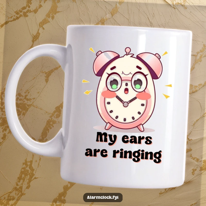 Funny mug with a wide-eyed character shocked by loud alarm clock bells, expressing morning dread perfectly.
