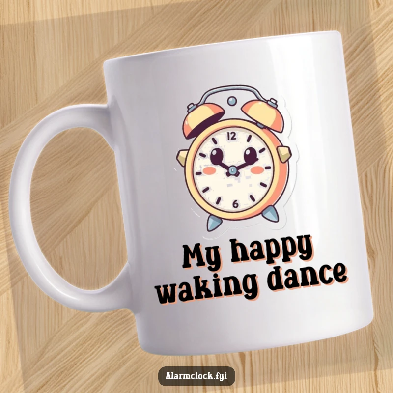 Funny mug featuring a cute alarm clock character leaping out of a bell with a shocked, wide-eyed expression, perfect for a startled morning gift.