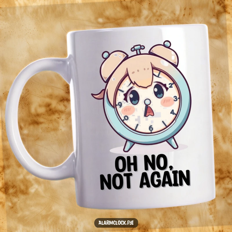 Funny mug featuring a character with a wide, startled expression, eyes glued to a ticking clock, symbolizing last-minute panic.