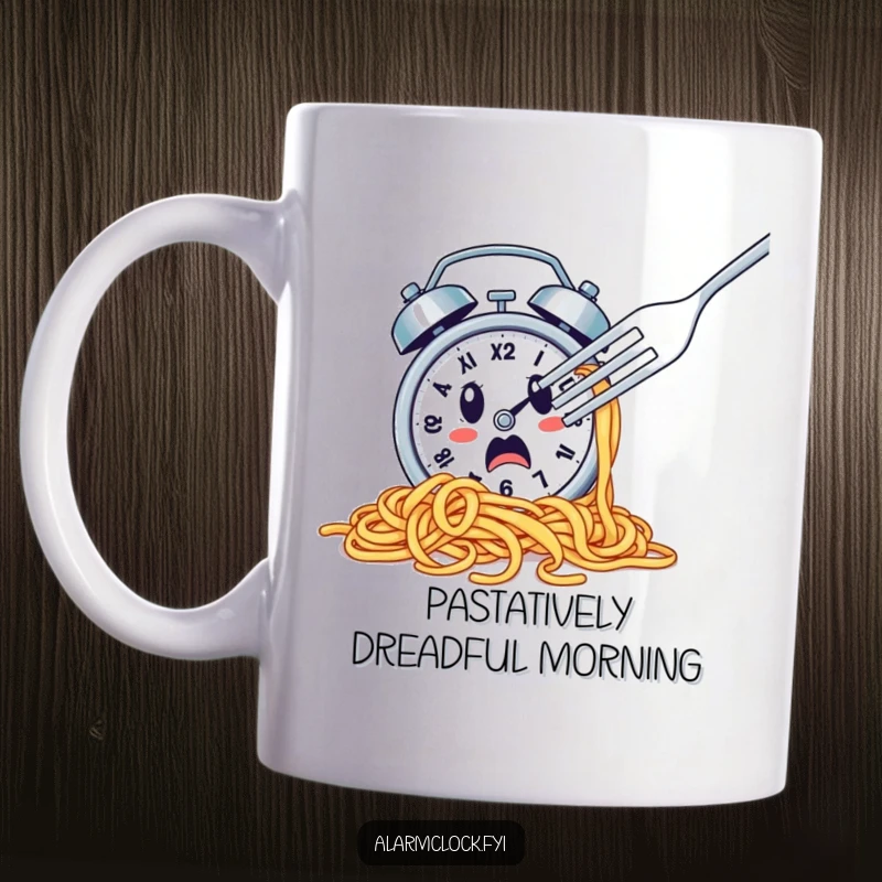 Funny mug showing a spaghetti-covered alarm clock escaping a fork, humorously depicting a breakfast chase.