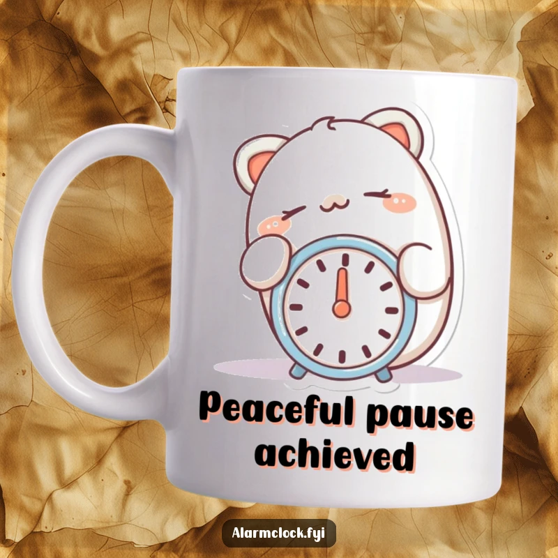 Funny mug showing a happy character peacefully snoozing with a finger over a silent alarm clock.