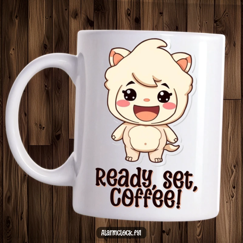 Funny mug with a character smiling broadly, looking eager and ready for action. Ideal funny gift.