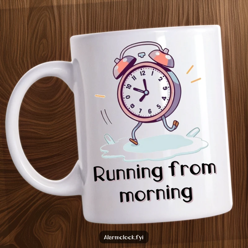 Funny frantic alarm clock with tiny legs, running away from a rapidly melting ice cube, conveying urgency and humor.