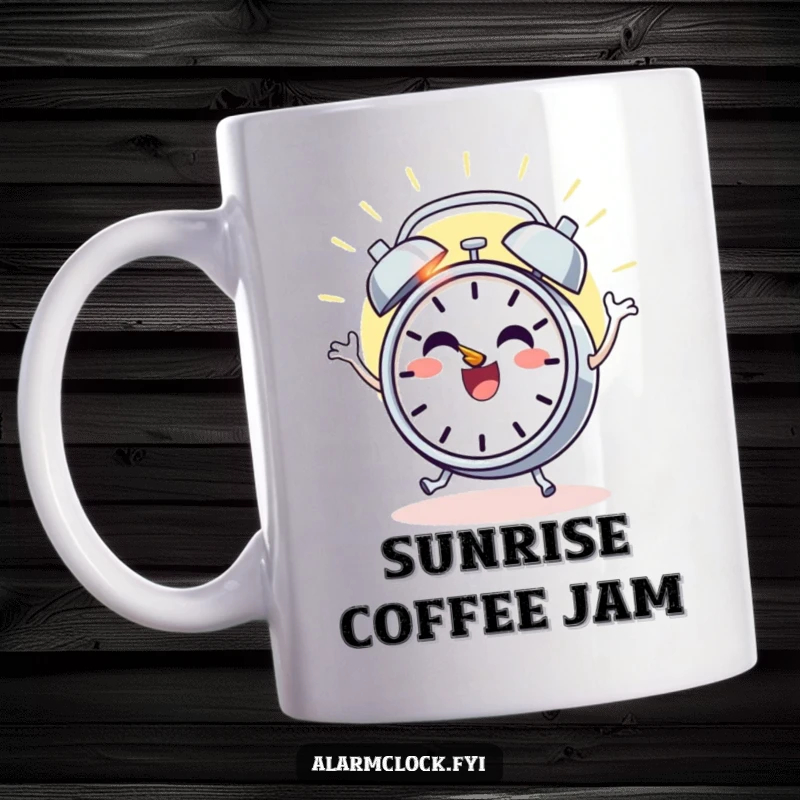 Funny mug showcasing a cheerful alarm clock character dancing with joy as the sun rises, celebrating a happy morning.