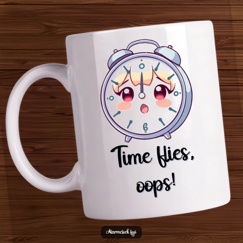 Funny mug showing a character with wide eyes and a surprised expression, staring at a clock spinning incredibly fast, symbolizing time pressure.