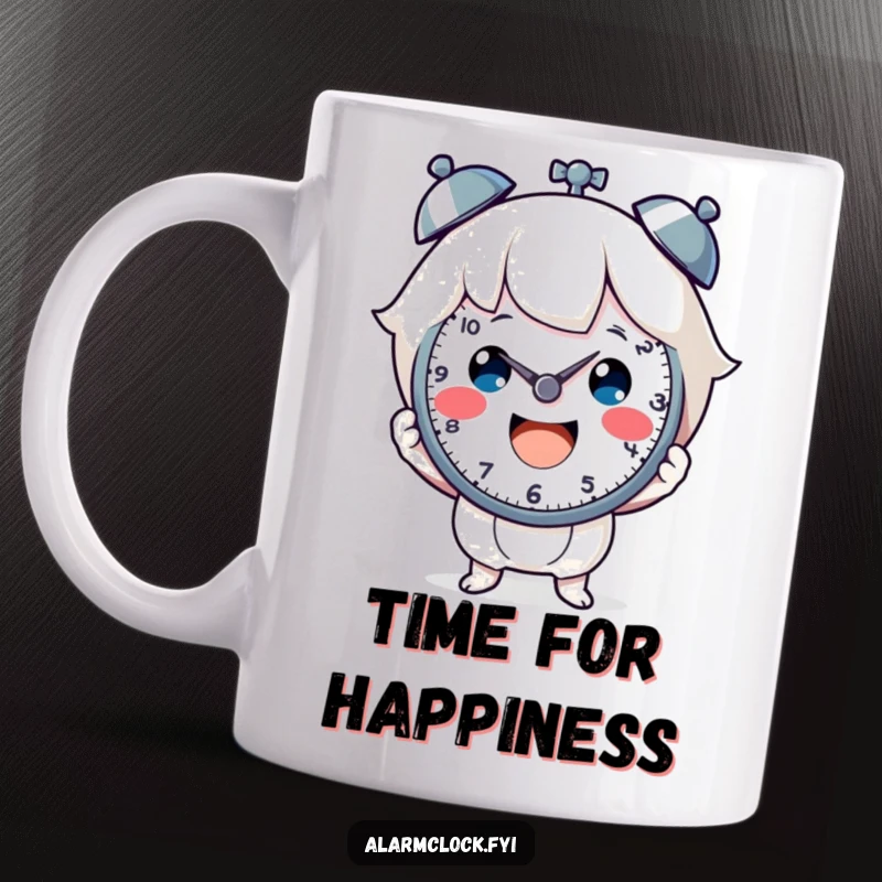 Funny mug with a cheerful character joyfully holding a clock face, emphasizing happy timekeeping. Ideal funny gift.