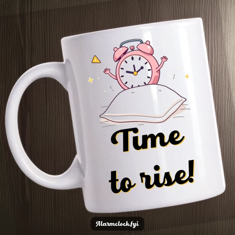 Funny mug showing a frantic alarm clock jumping on a bed to wake a dozing pillow, a chaotic and humorous morning scene.
