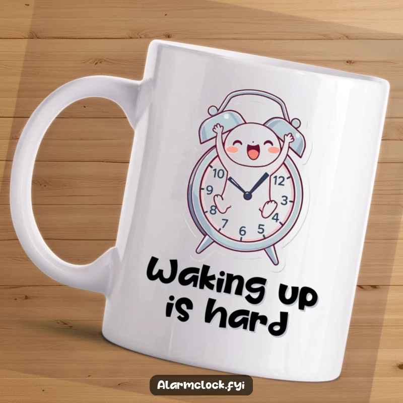 Funny mug featuring a cheerful character joyfully leaping out of an alarm clock, embodying energetic mornings and playful awakenings.