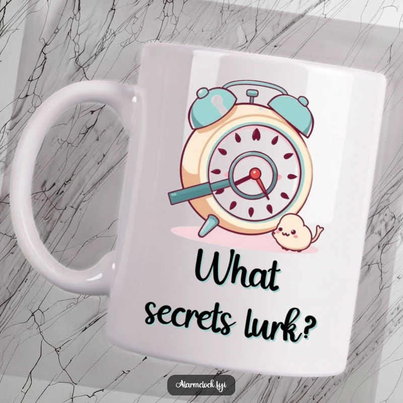 Funny Mug: A curious alarm clock character intently examining a tiny dust bunny with a magnifying glass.