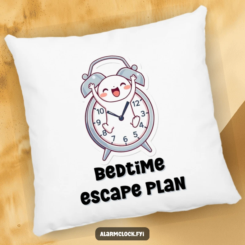 Funny pillow featuring a cheerful character joyfully leaping out of an alarm clock, offering cozy comfort with a morning theme.