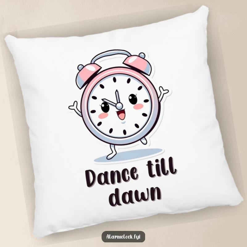 Funny pillow with a cheerful alarm clock character with tiny legs doing a happy dance, offering comfort and a touch of morning joy.
