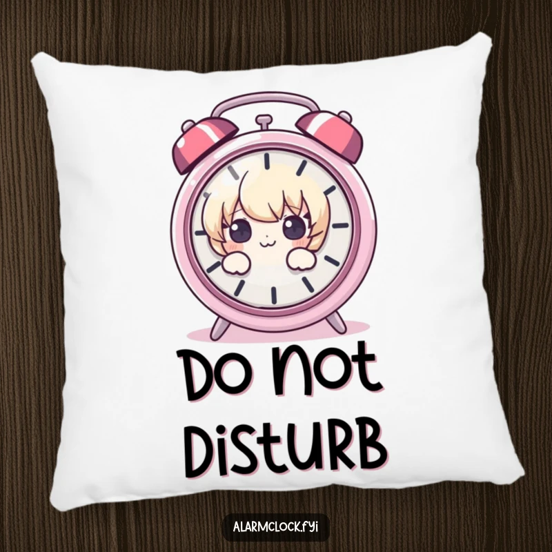 Funny pillow graphic of a cartoon character peeking nervously around a noisy, ringing alarm clock, representing morning anxiety humorously.