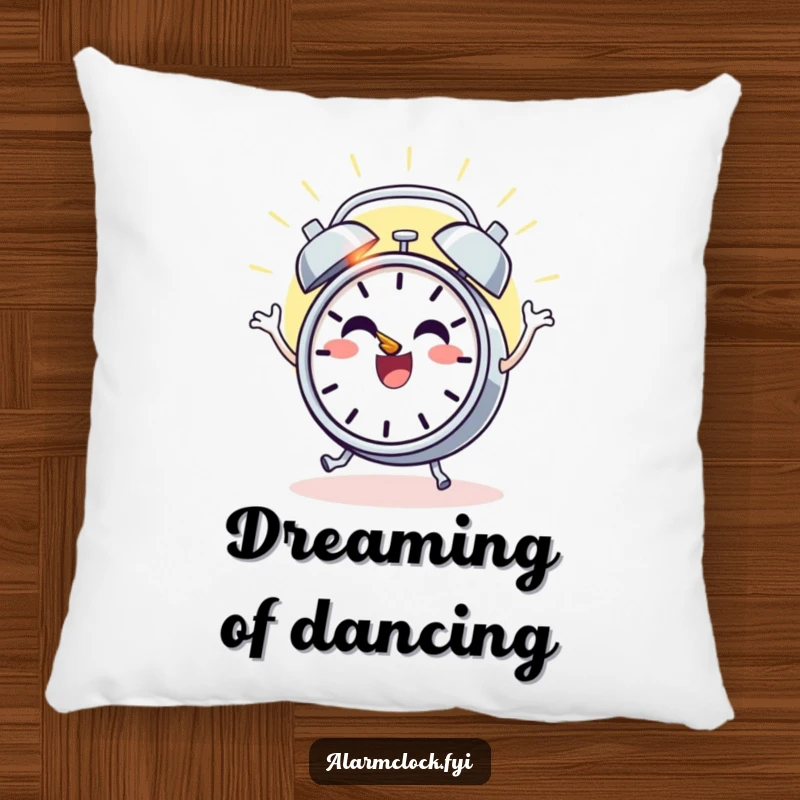 Funny pillow with a cheerful alarm clock character dancing with joy as the sun rises, bringing comfort and humorous celebration.