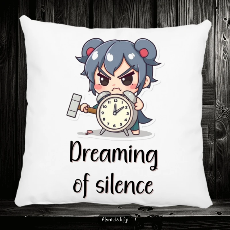 Funny pillow with a determined character smashing a tiny alarm clock with a hammer, offering a humorous and cozy accent.