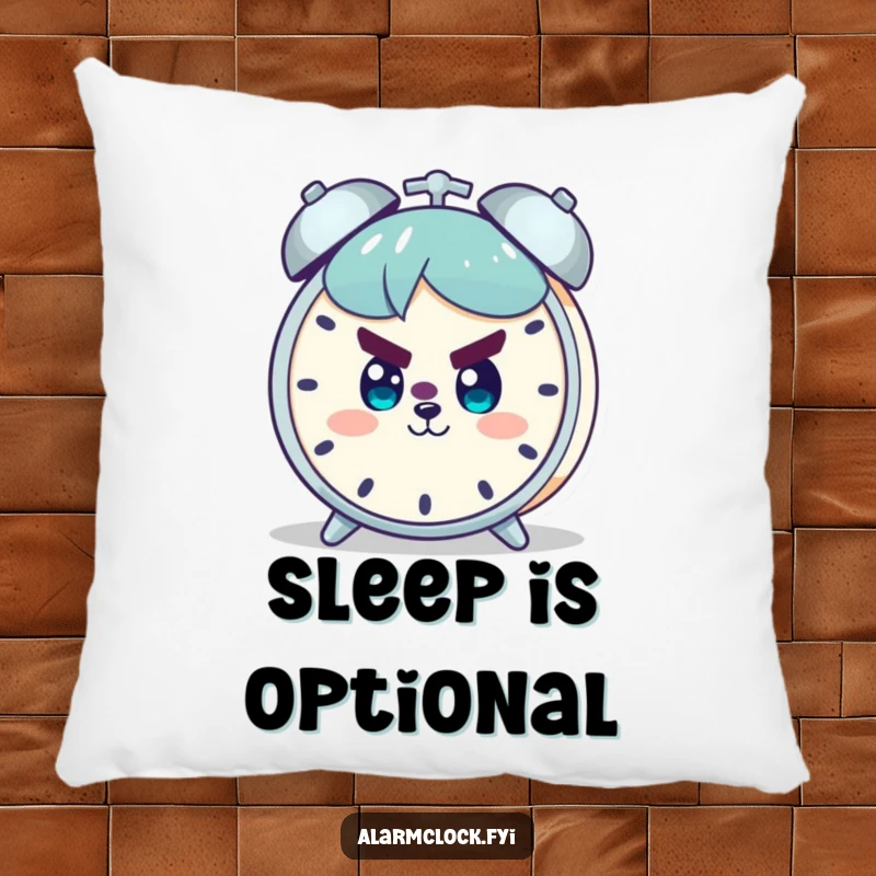 Funny decorative pillow showing a character with a determined expression and a smile, facing an alarm clock, perfect for cozy, motivational spaces.