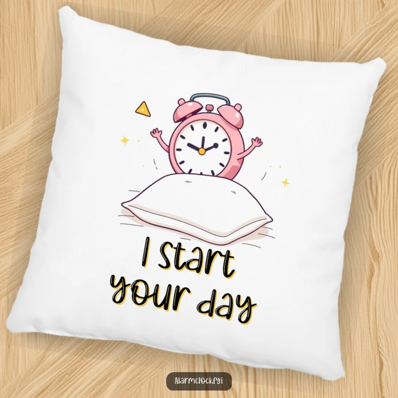Funny pillow featuring a frantic alarm clock jumping on a bed to wake a pillow, offering plush comfort and humorous appeal.