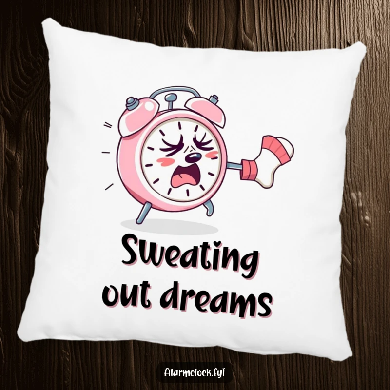 Funny pillow showcasing a sweating alarm clock running from a rogue sock, adding a humorous and plush touch to any room.