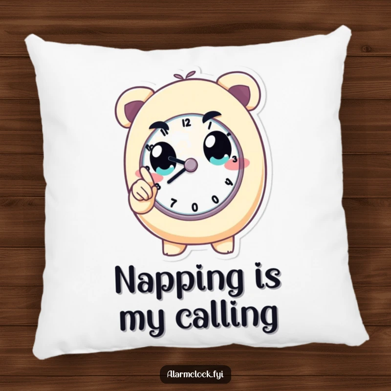 Funny pillow with a determined character looking at a clock, adding a touch of punctual humor to any room. Perfect funny gift.