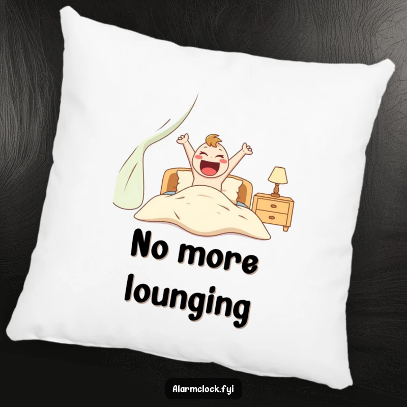 Funny pillow featuring an ecstatic character energetically jumping out of bed, offering comfort and humorous motivation.