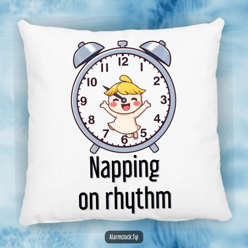 Funny pillow depicting a joyful character dancing next to buzzing clock hands, offering comfort and a humorous celebration of time.