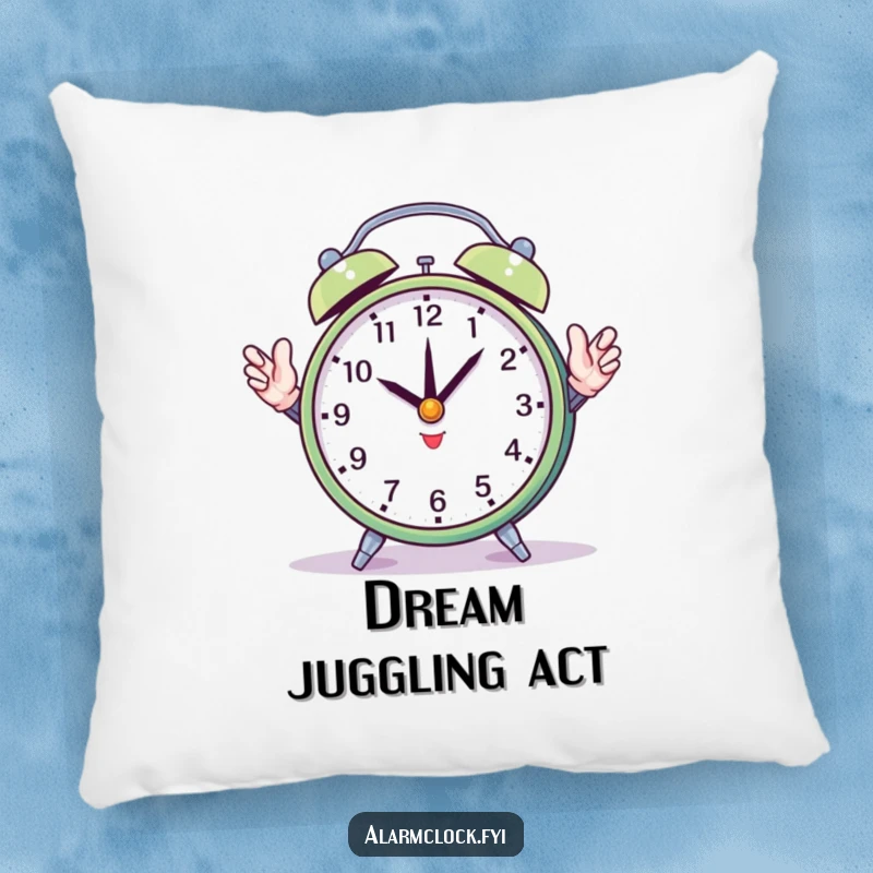 Funny pillow showcasing a round alarm clock attempting to juggle its hands, adding a humorous and comfortable touch to any room.