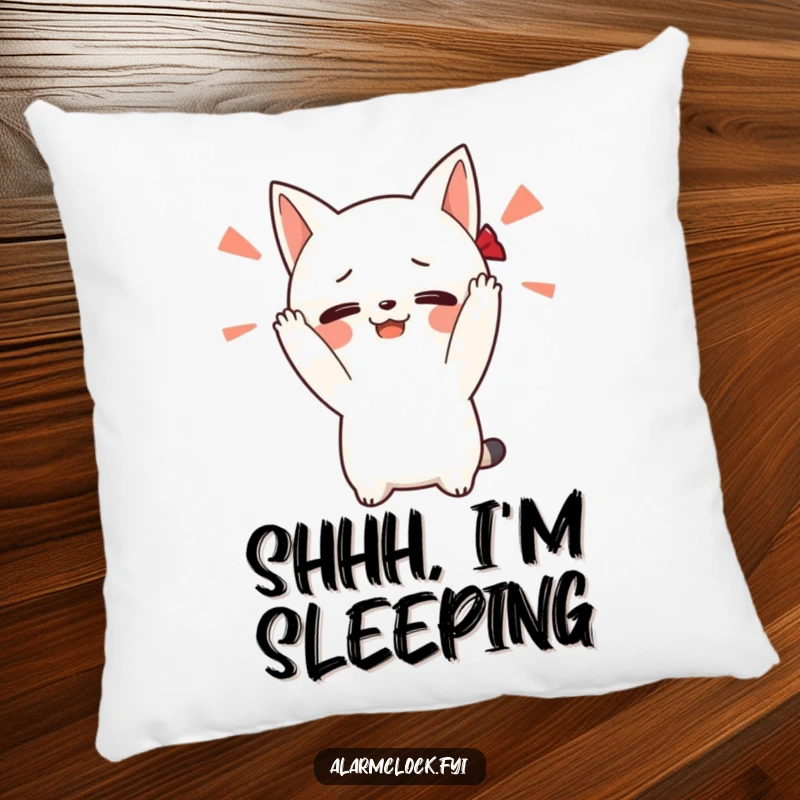 Funny pillow with a blushing character covering its ears from a loud alarm, designed to bring comfort and a humorous reminder of peaceful sleep.