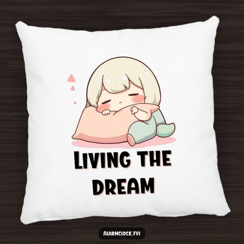 Funny pillow illustration of a character blissfully asleep on a plush pillow, embodying deep sleep and humorous coziness.