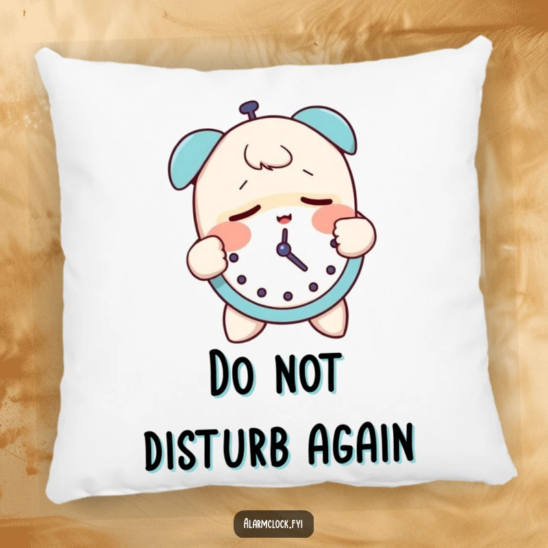 Funny pillow featuring a sleepy character groggily slapping an alarm clock, ideal for adding humor to any cozy space.