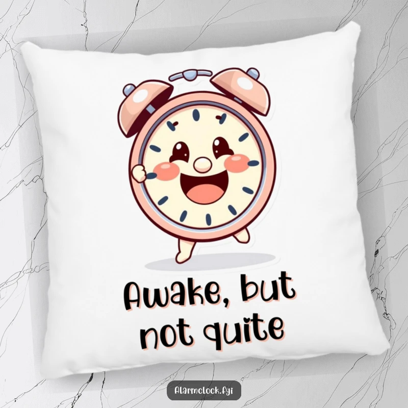 Funny pillow with a cheerful character grabbing a loud, ringing alarm clock with a determined grip, humorously depicting the morning struggle.