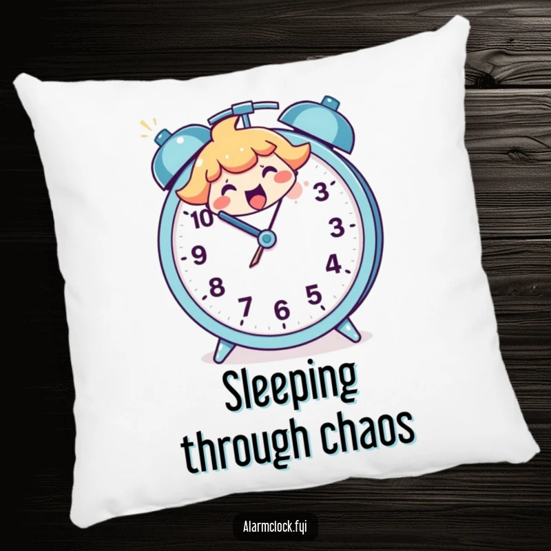 Funny pillow with a happy character smashing a large, cartoonish alarm clock, offering cozy comfort and humorous morning defiance.