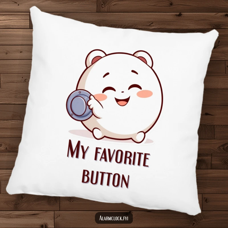 Funny pillow with a character excitedly pressing a snooze button, designed to bring comfort, humor, and a smile to any nap.