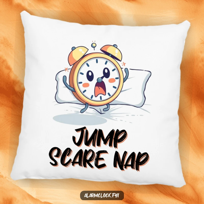 Funny pillow featuring a startled alarm clock character leaping suddenly from bed, designed to bring a humorous shock to any room.